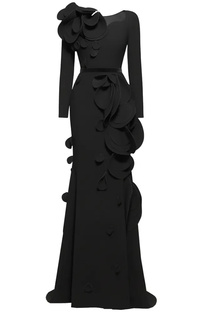 Long Sleeve Petal Detail Maxi Dress Black
