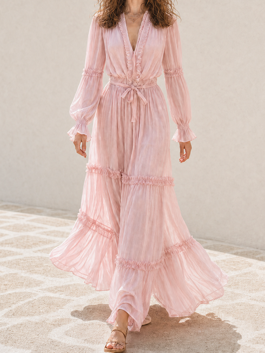 Women's Resort-Style Pink V-Neck Bishop-Sleeve Belted Ruffle-Tiered Cinched-Waist Chiffon Maxi Dress MDZ1649G2CMX