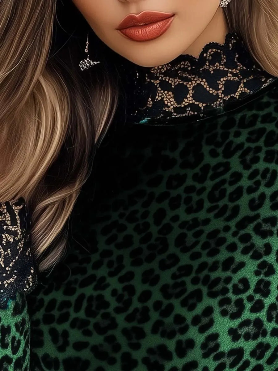 Women's Lace Panel Leopard Printed Velvet Top