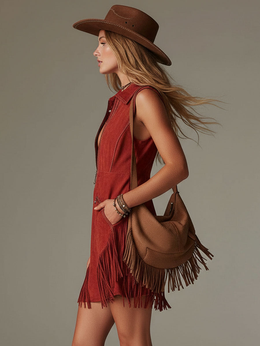 Lapel Zipper Tassel Faux Suede Sleeveless Mini Dress
