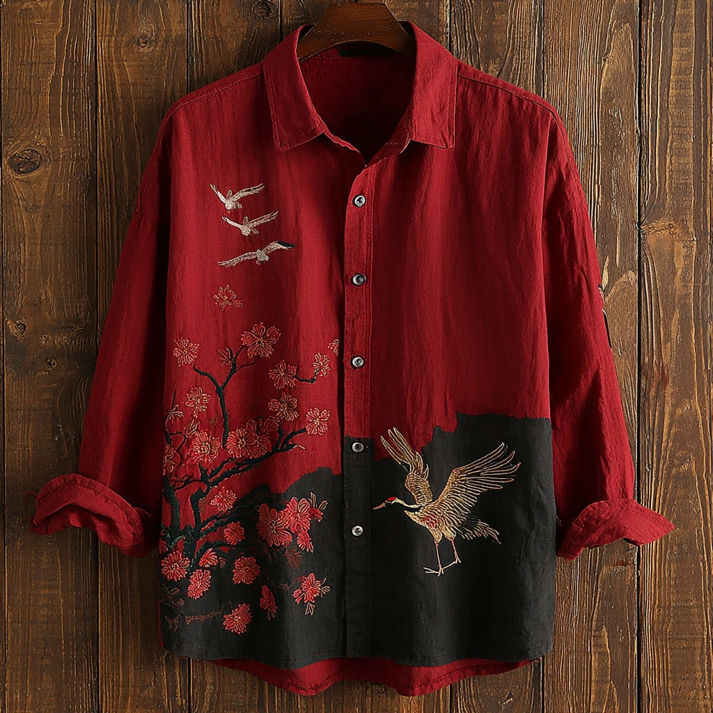 Japanese Cherry Blossom And Crane Art Print Casual Linen Shirt