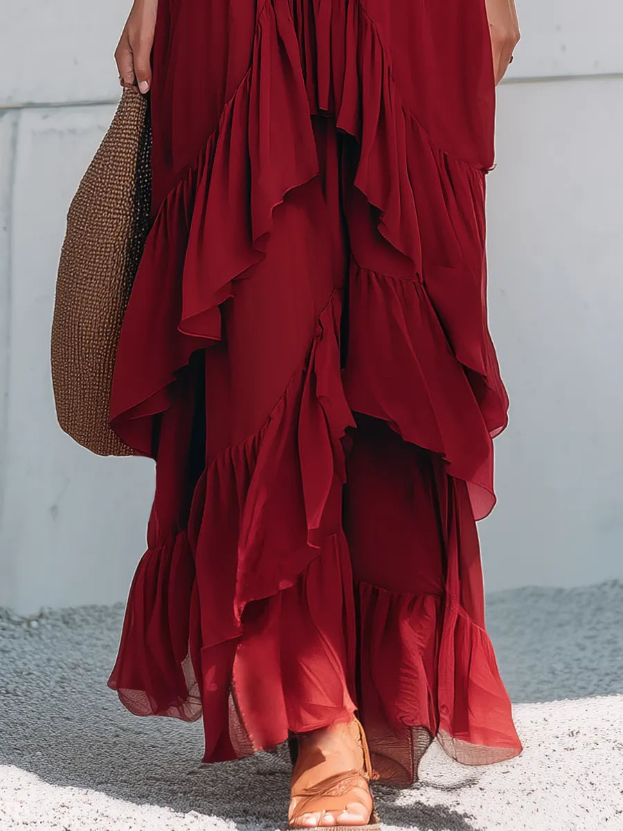 Elegant Burgundy Sequin Panel Ruffled Maxi Dress