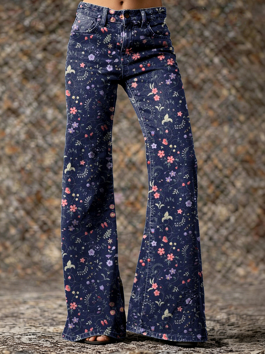 Women's Vintage Blue Crushed Art Printed Casual Slim  Wide Leg Pants