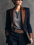 Women's Vintage-Style Navy Striped Cotton-Blend Blazer With Brown Leather-Look Contrast Collar MDZ1745G3GMJ
