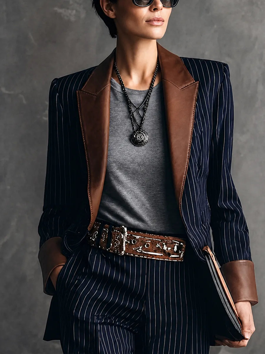 Women's Vintage-Style Navy Striped Cotton-Blend Blazer With Brown Leather-Look Contrast Collar MDZ1745G3GMJ