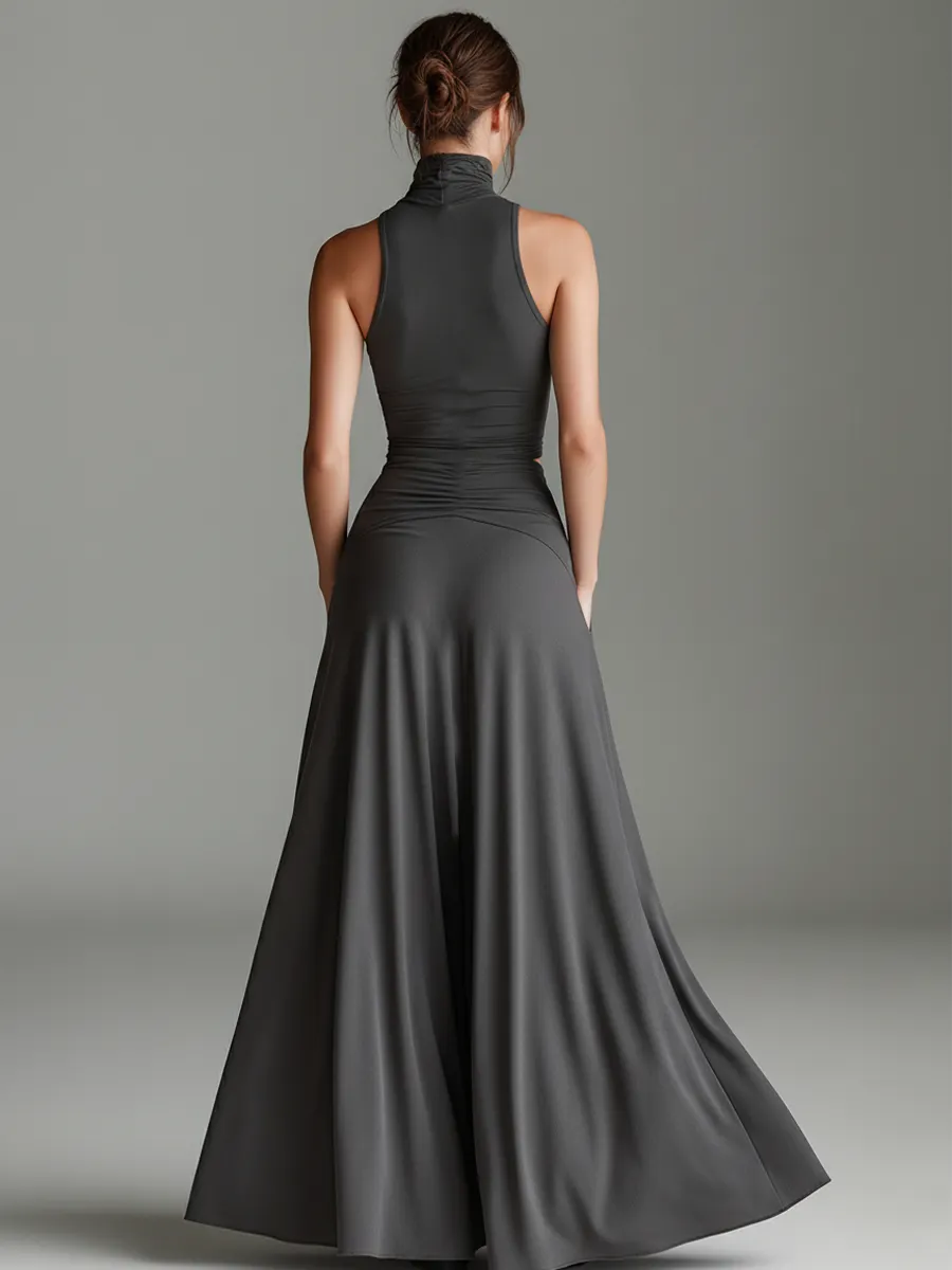 Women's Charcoal Gray Stretch Knit Dress With Turtleneck Halter & Cutout Waist, Timeless Minimalist Elegant Style Dress MDZ0960B2I