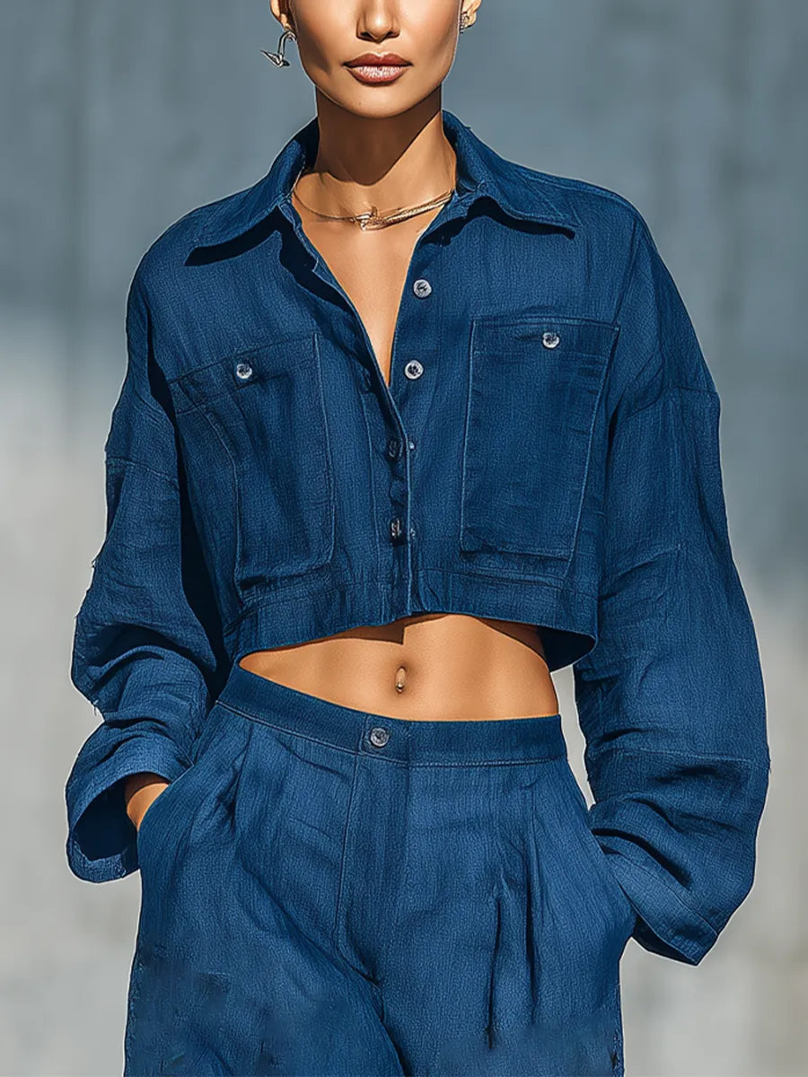 Women's Navy Blue Denim Fabric Lapel Dual Chest Pocket Button Front Long Sleeve Cropped Shirt MDZ2736G6YZJ