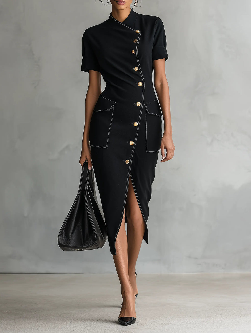 Women's Minimalist Asymmetric Single-Breasted Short-Sleeve Midi Dress MDZ0886G0WY