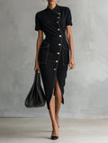 Women's Minimalist Asymmetric Single-Breasted Short-Sleeve Midi Dress MDZ0886G0WY