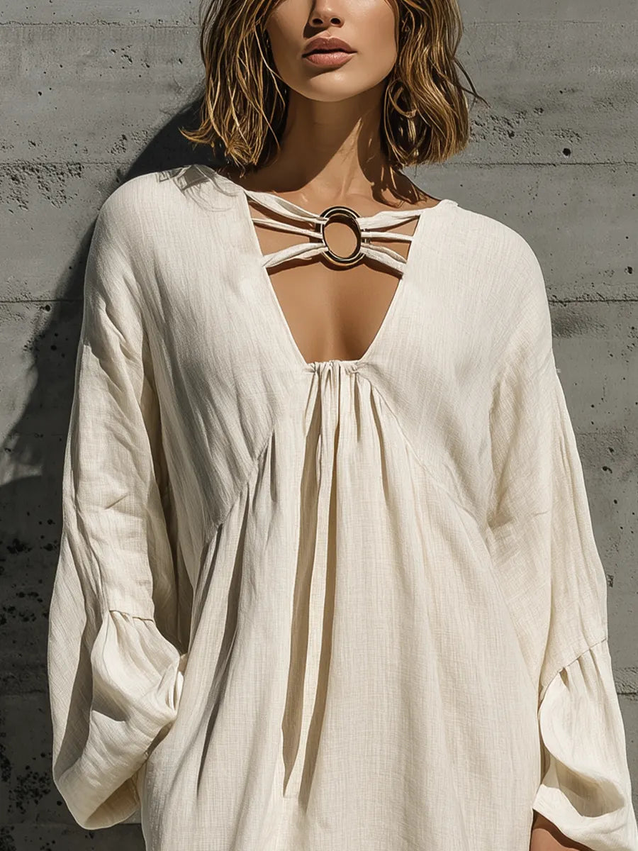 Women’s Resort Wear Beige Linen Oversized Long Bubble Sleeve Front Ring Cutout Flowy Midi Shift Dress MDZ3060F0T