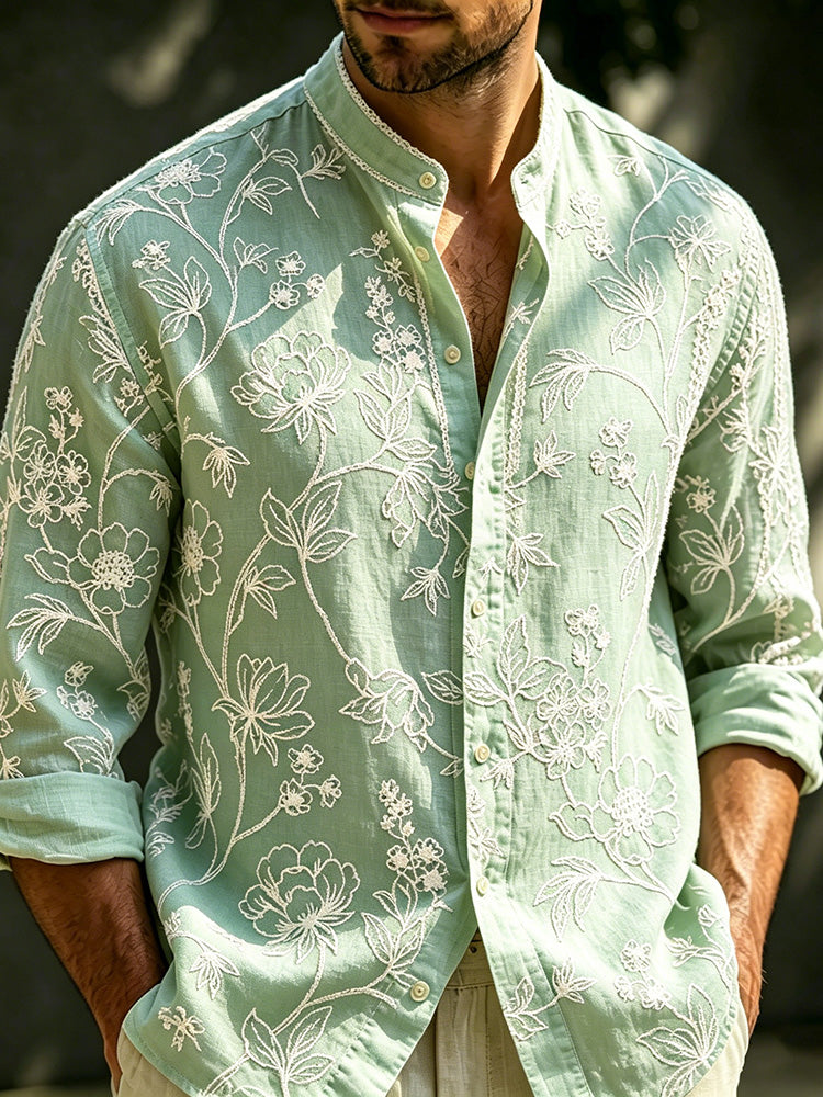 Men's Vintage Floral Art Linen Shirt