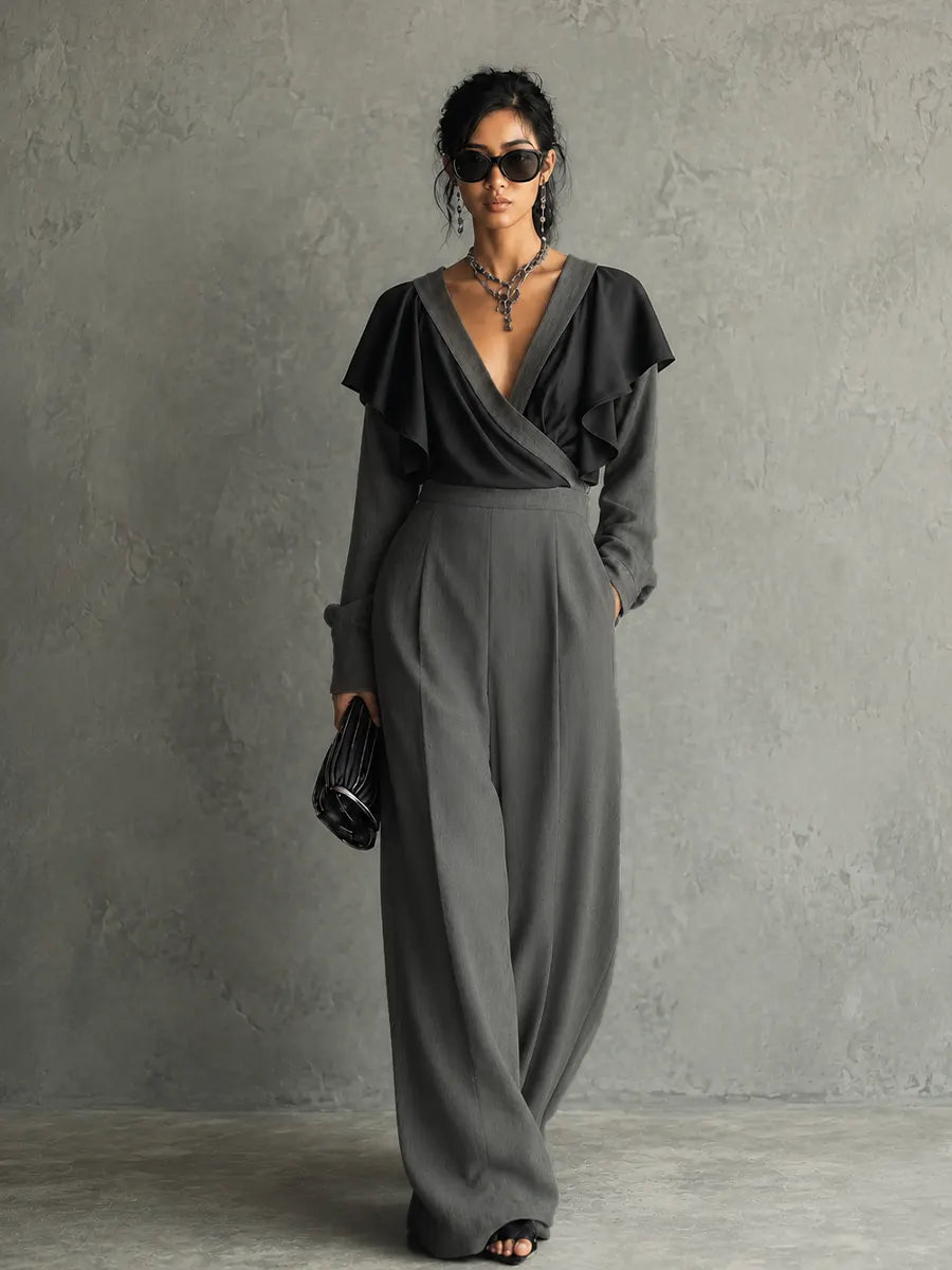 Women's Elegant Charcoal Gray Cotton Blend Chiffon Wrap Ruffle Sleeve Wide-Leg Jumpsuit MDZ2018G9GMJ