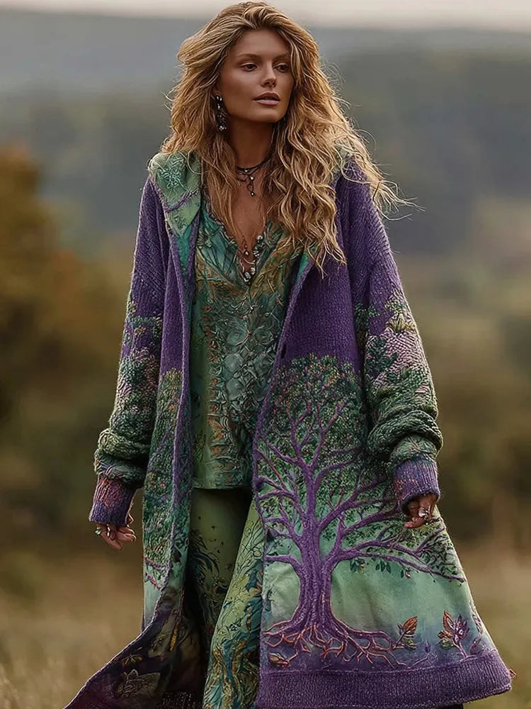 Women's Viking Celtic Knot Tree Of Life Knitted Long Hooded Cardigan