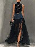 24-Hour-Shipping Black Denim Patchwork T-Shirt And Mesh Maxi Skirt Set With Side Slit