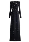 Long Sleeve Crystal A Line Maxi Dress Black