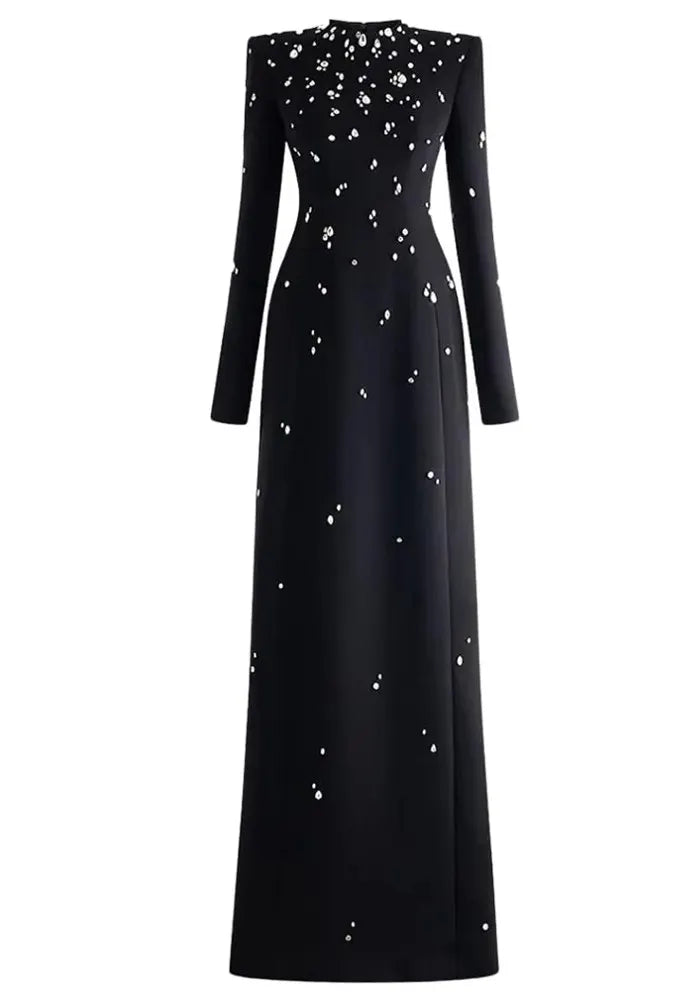 Long Sleeve Crystal A Line Maxi Dress Black