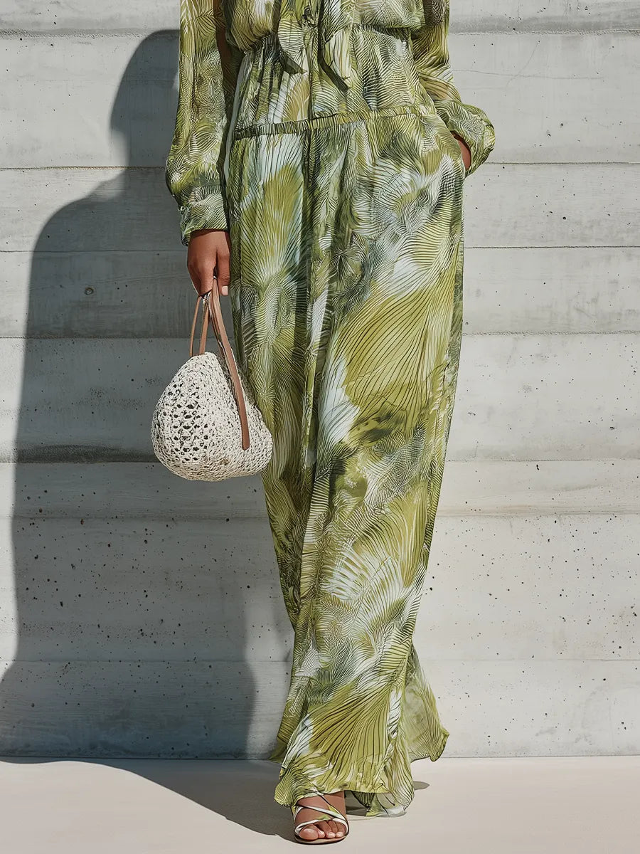 Women's Green Palm Leaf Print Chiffon Tie Neck Long Sleeve Drawstring Waist Side Pocket Maxi Dress MDZ1533G2YZJ