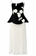 Strapless Floral Peplum Pleated Midi Dress Black White