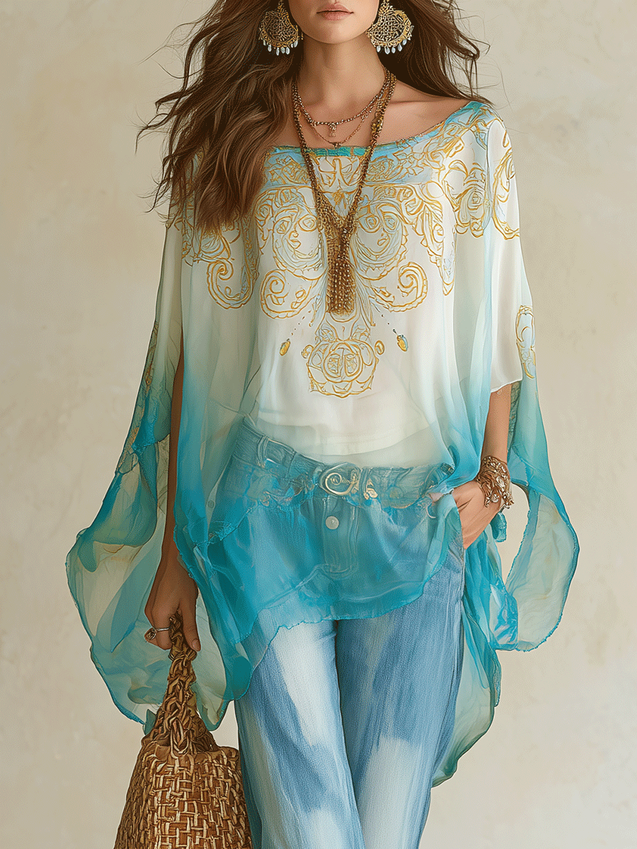 Effortless Coastal Breeze Turquoise Ombre Sheer Blouse
