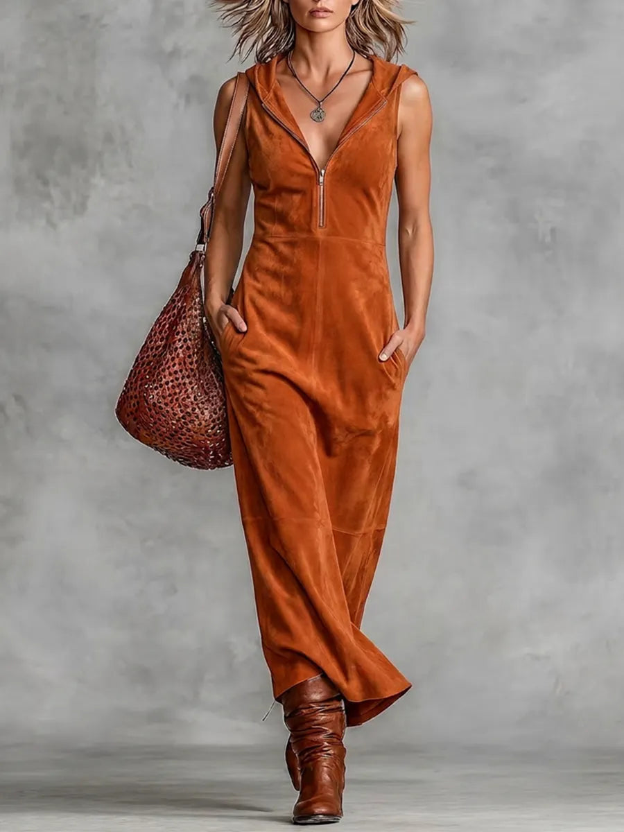 Women's Rust Brown Faux Suede Texture Maxi Gown With V-Neck Zipper Placket & Mid Length Swing Skirt, Retro Chic Daily Slee Veless Maxi Dress MDZ0769G0LYL