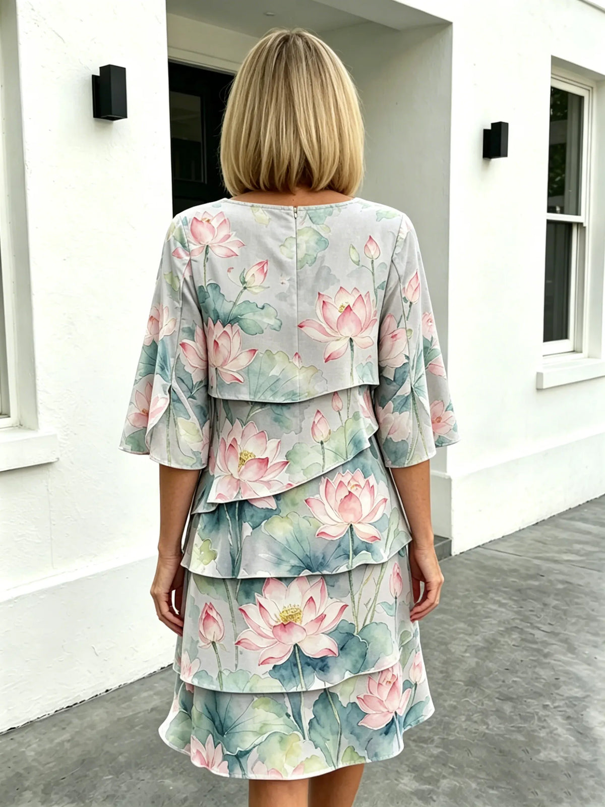 Chiffon Lotus Vacation Prints Color Round Neck Cake Skirt Splicing Dress Mid-length