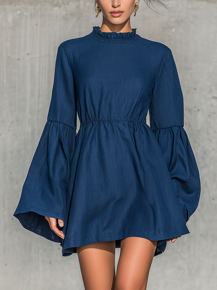 Women's Navy Blue Cotton-linen Blend Ruffle Elastic Waist Bell Long Sleeve Mini Dress MDZ2230G0YZJ
