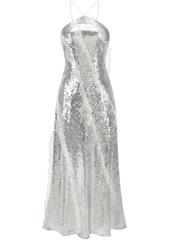 Halter Ruffle Detail Sequin Maxi Dress Silver