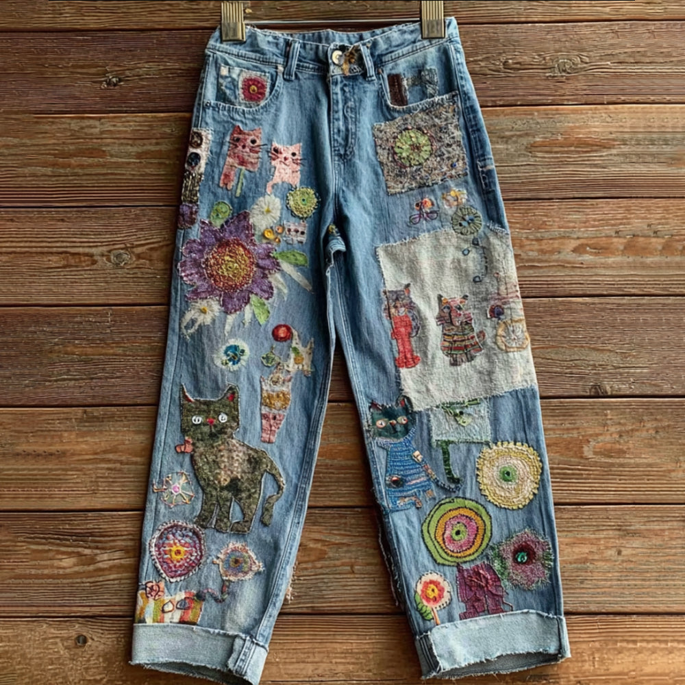 Women's Bohemian-style Floral Cat-print Jeans