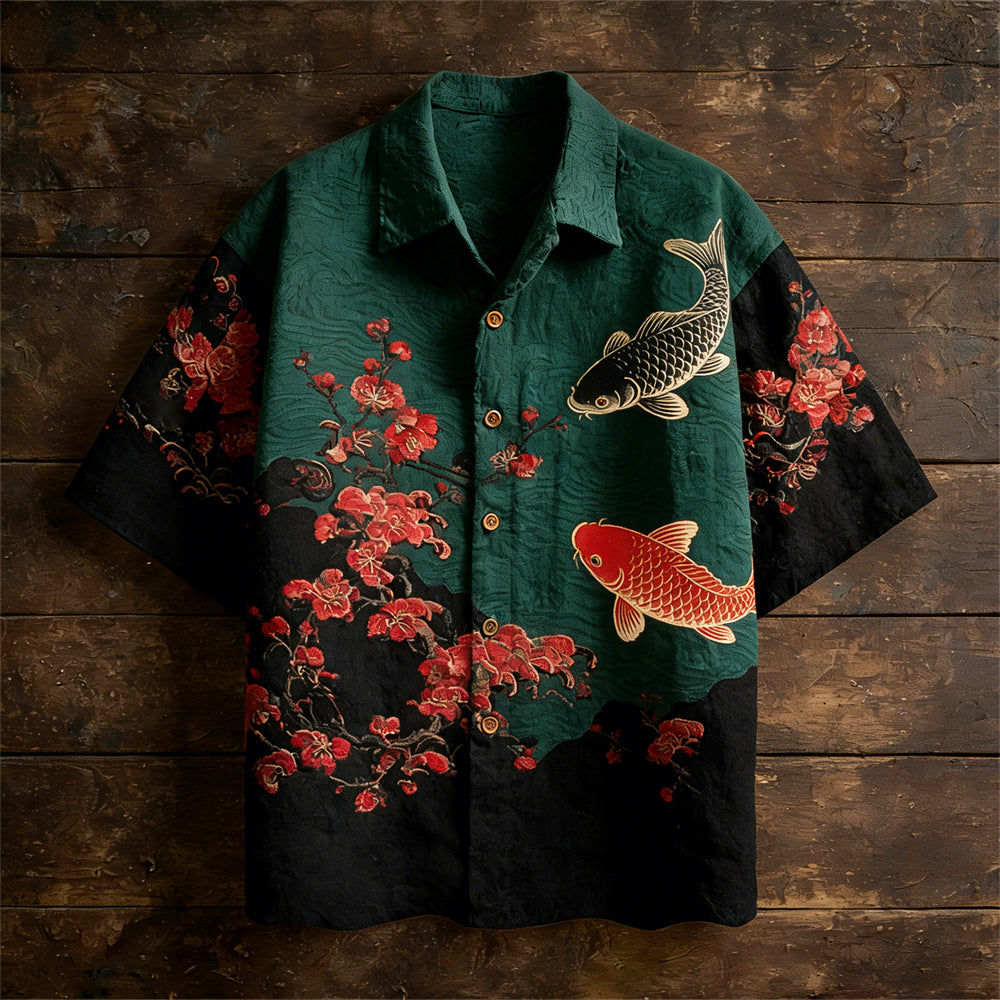 Japanese Plum & Carp Totem Vintage Men's Linen Short Sleeve Shirt