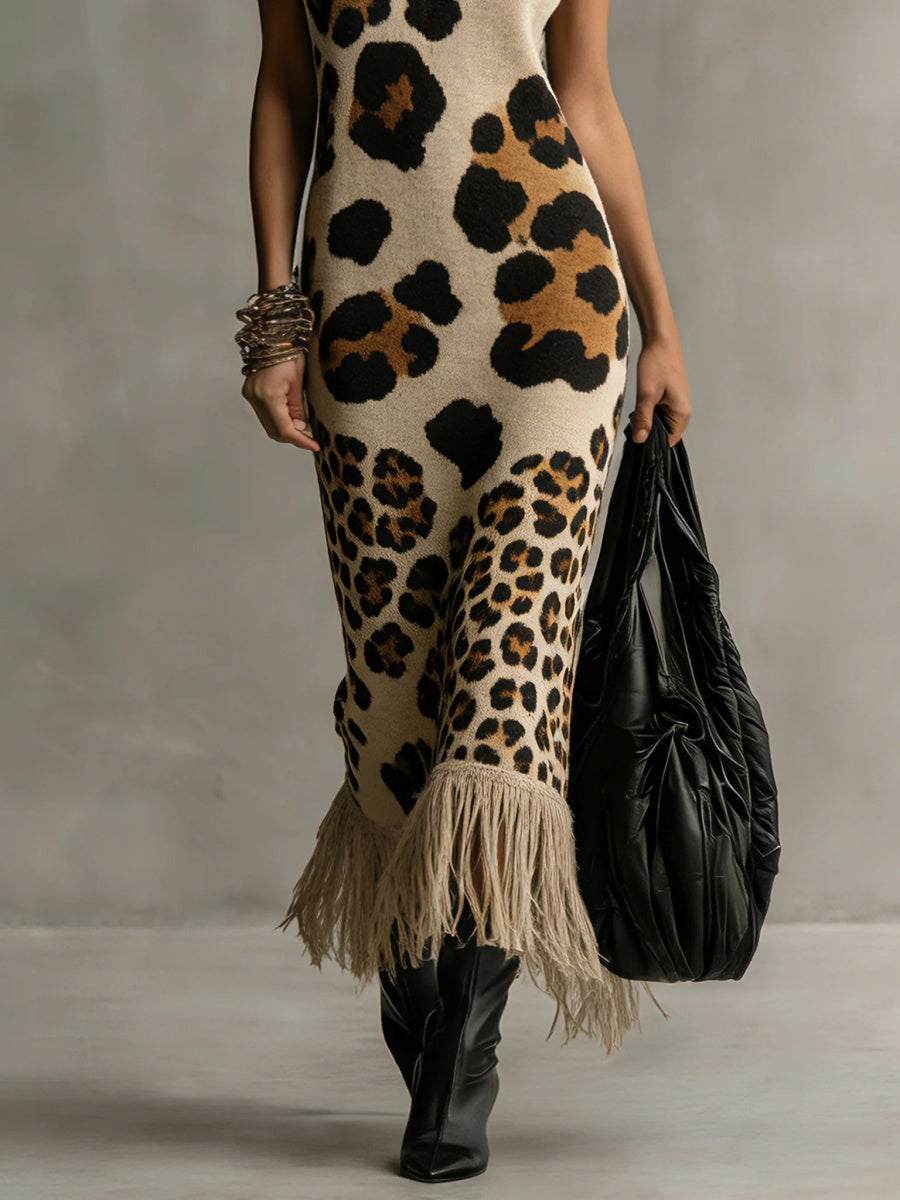 Party Khaki Leopard High Collar Strappy Casual Crochet Maxi Dresses