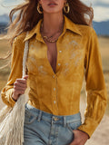 Western Retro Yellow Faux Suede Embroidered Long-Sleeved Shirt