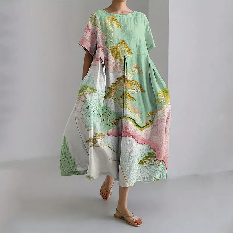 Spring Landscape Japanese Art Linen Maxi Dress
