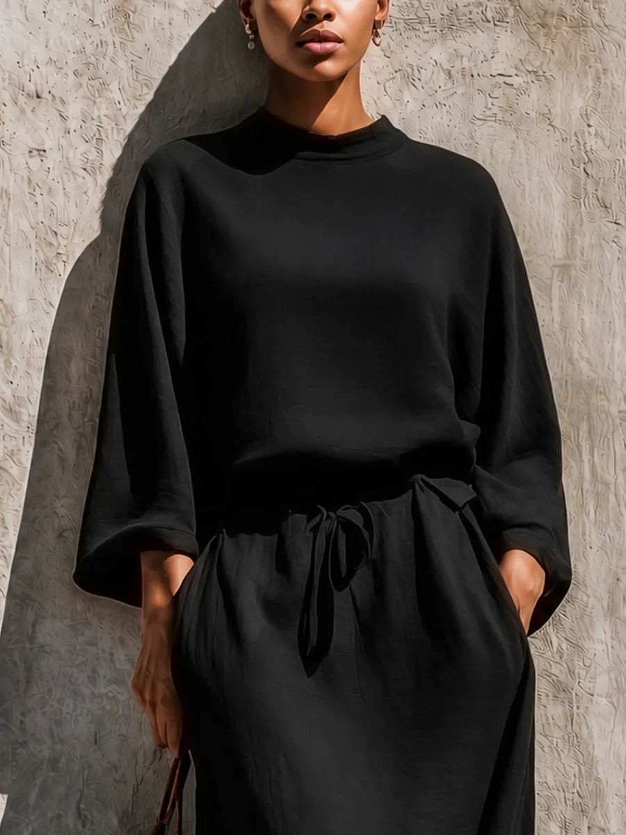 Women's Solid Black Linen Blend High Neck Loose Top Matching Wide Leg Polka Dot Trim Maxi Skirt Two Piece Set MDZ0975G7YZJ