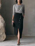 Women's Elegant Commuter Gray Black Cotton Blend Draped Top Asymmetric Button Slit Midi Skirt Set MDZ1631G6GMJ