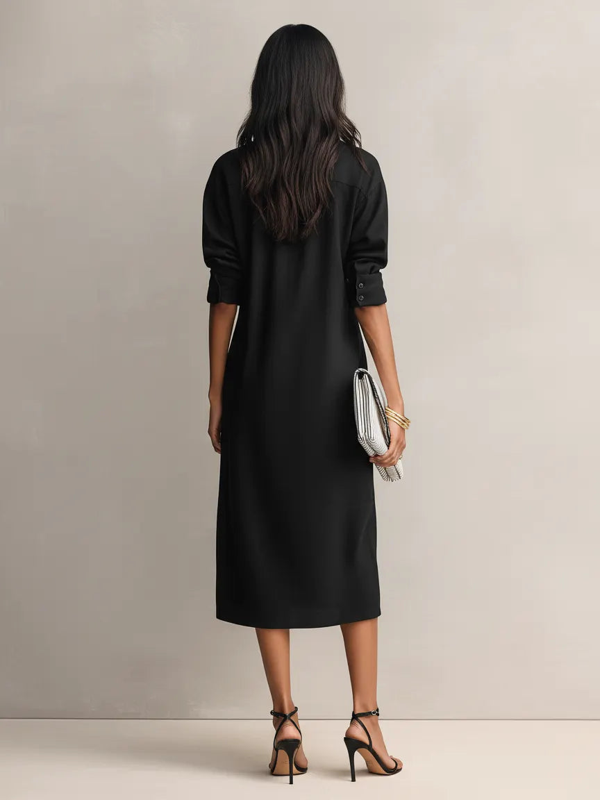 Women's Elegant Black Cotton-linen Blend Shirt Collar Short-sleeved Midi Dress MDZ0455C2AN