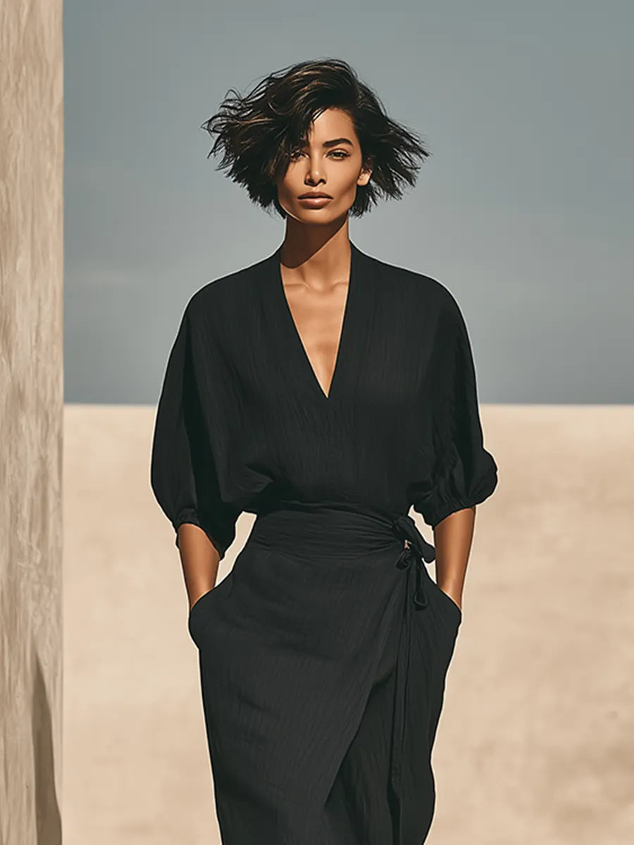 Women's Black Textured Linen Blend Two Piece Wrap Matching Set With Batwing Puff Sleeve Top & Tie Waist Wrap Midi Skirt, Minimalist Resort Elegant Outfit MDZ1605G0LYL