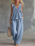Casual Linen And Cotton Sleeveless Top And Pants With Ruffled Collar Two-piece Set