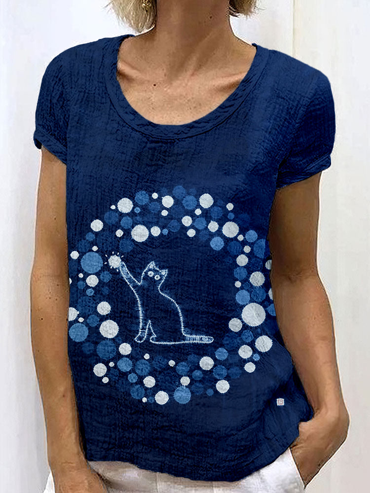 Lovely Cat Indigo Shibori Art Linen Blend Cozy Shirt