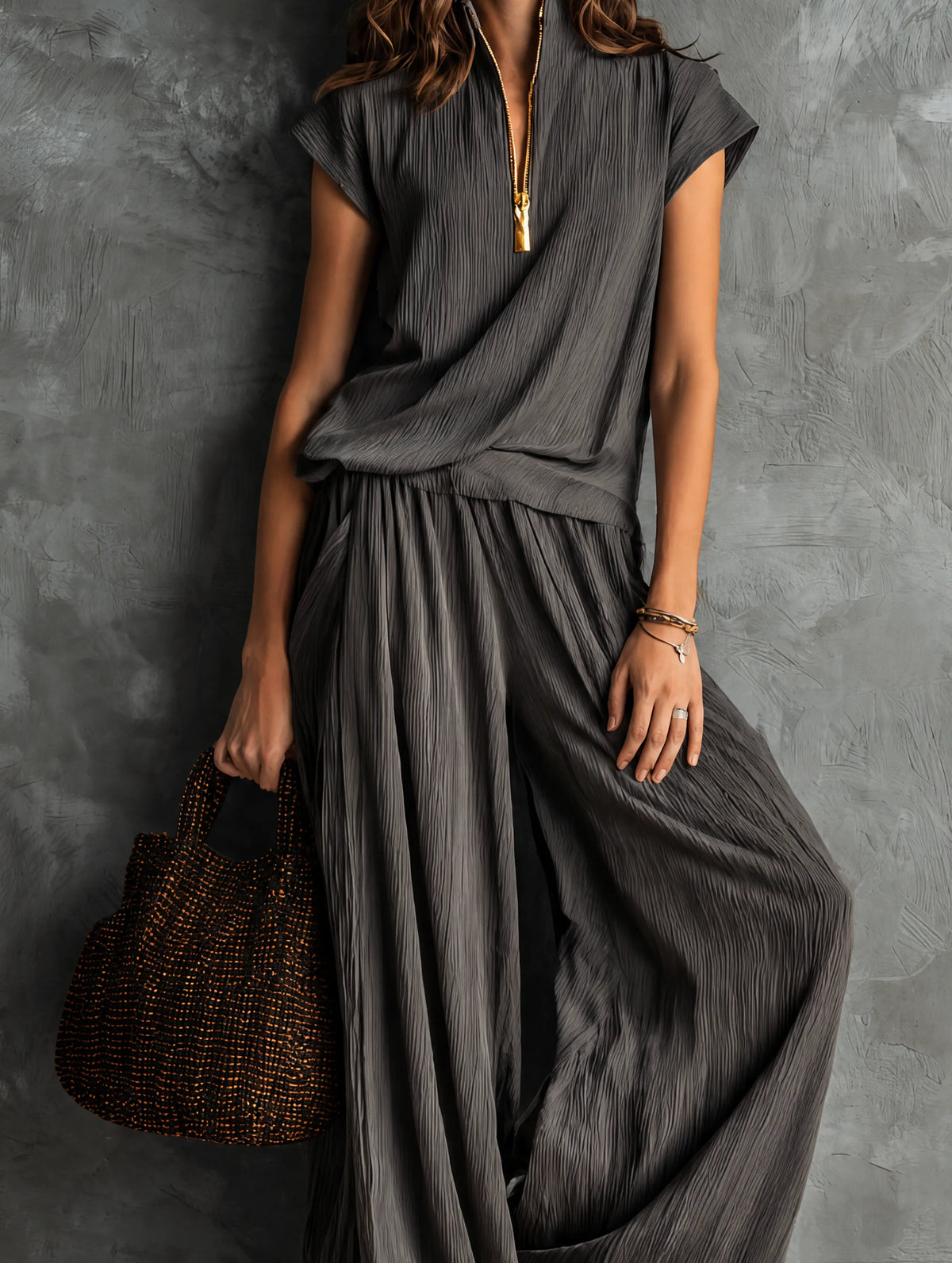 Women's Casual Grey Woven Pleated Short-sleeve Top Paired With Trousers MDZ1752G5LXY