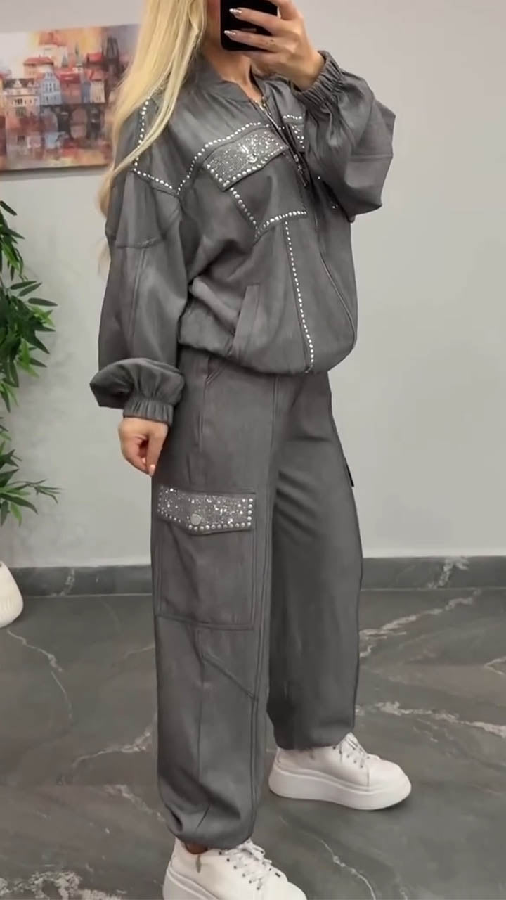 Women Round Neck Rivet Jacket+ Pants Casual Set