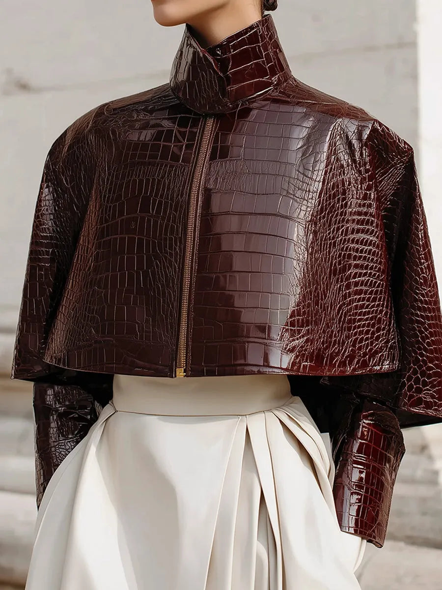 Minimalist Cape Collar Glossy Crocodile Eco-leather Jacket