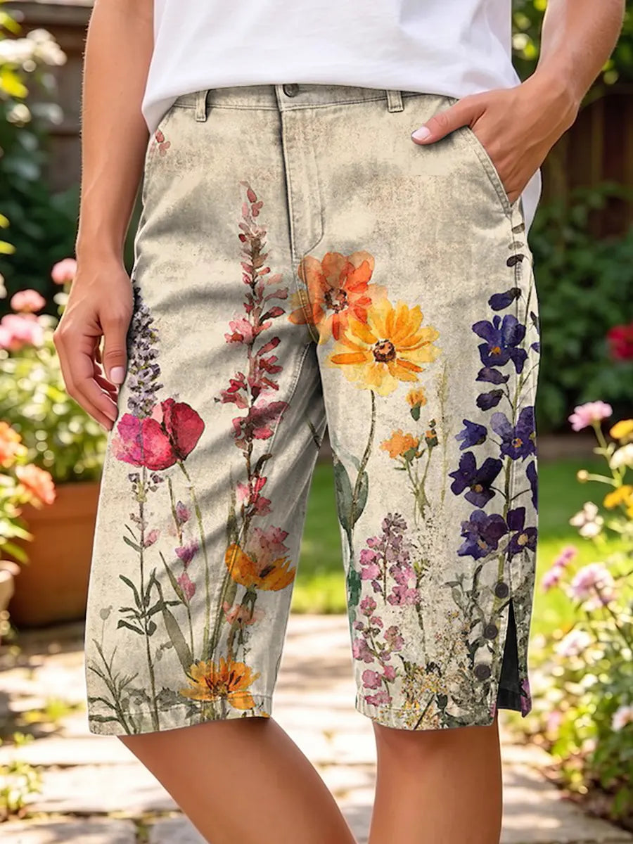 Vintage Flowers Women's Art Print Casual Cotton Denim Pants