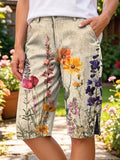 Vintage Flowers Women's Art Print Casual Cotton Denim Pants
