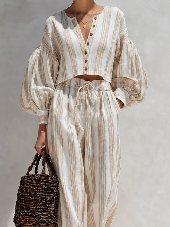 Women's Bohemian Beige Striped Cotton Linen Blend V-Neck Balloon Sleeve Cropped Top And Wide-Leg Pants Two-Piece SetMDZ0966G9ZSQ
