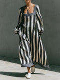 Women's Minimalist Striped Print Square-Neck Long-Sleeve Maxi Dress MDZ0909G9WY