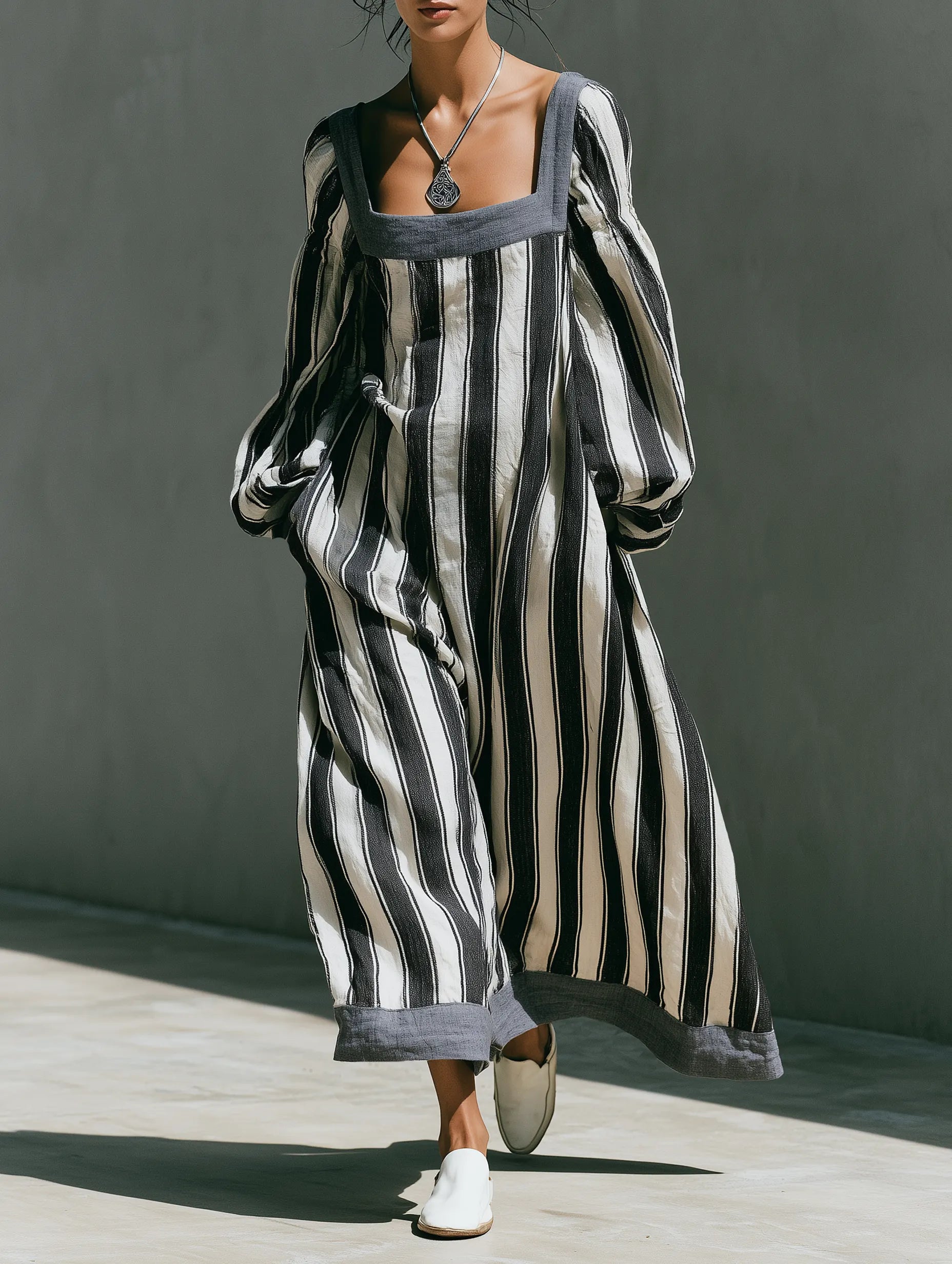 Women's Minimalist Striped Print Square-Neck Long-Sleeve Maxi Dress MDZ0909G9WY