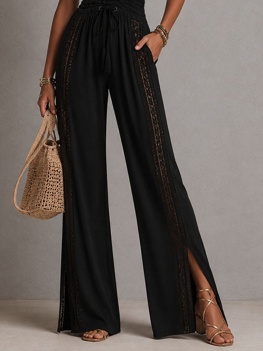 Boho Black Halter Deep V Smocked Waist Lace Wide-Leg One-Piece Jumpsuit