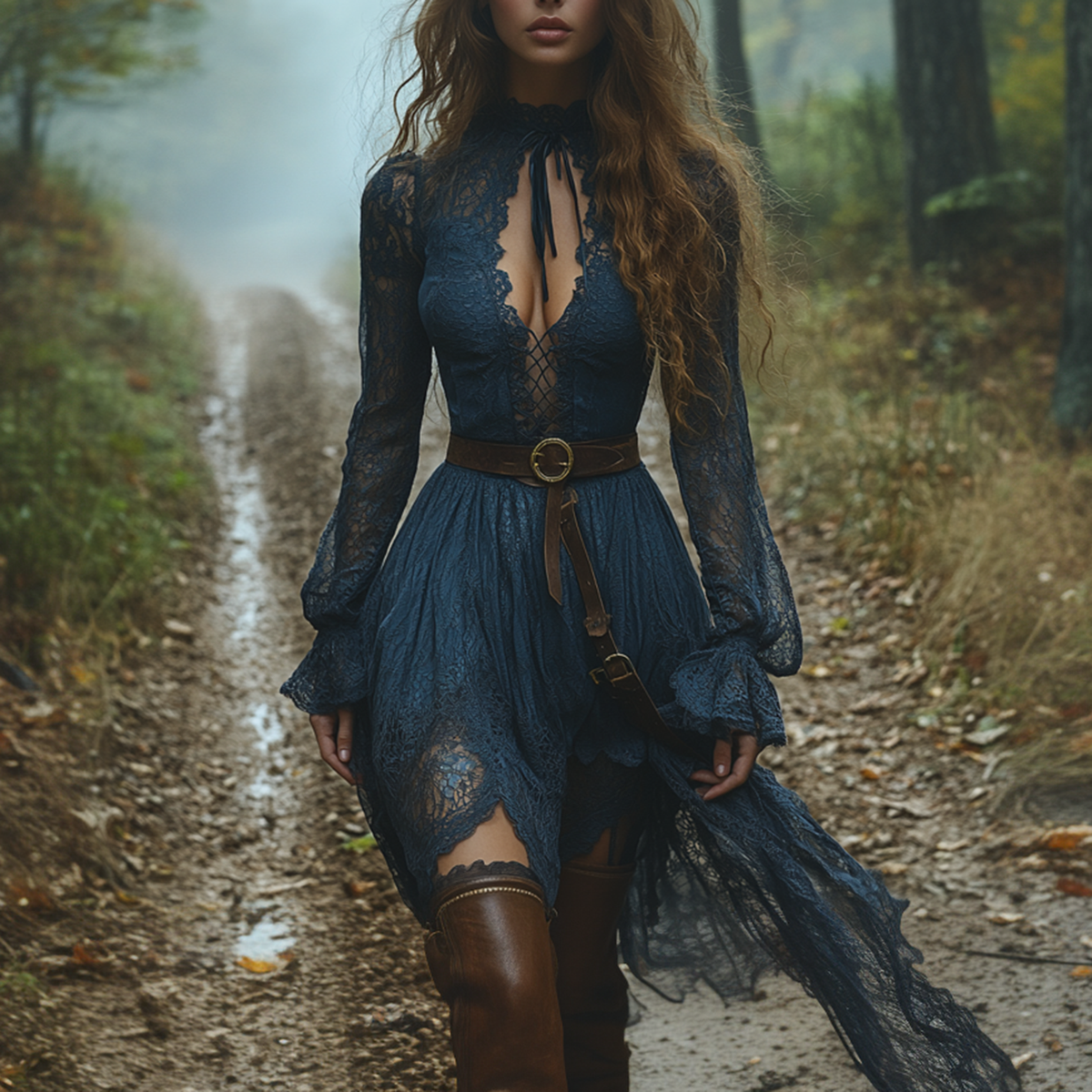 Dark Lace Western-Boho Midi Dress with Tie Neck
