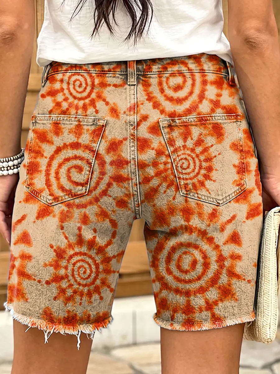Ethnicity Abstract Sun Tie Dye Women's Art Print Casual Denim Shorts