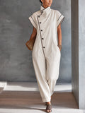 Women's Minimal Workwear Off White Cotton Blend Asymmetric Stand Collar Contrast Binding Full Length Jumpsuit MDZ1582G3GMJ